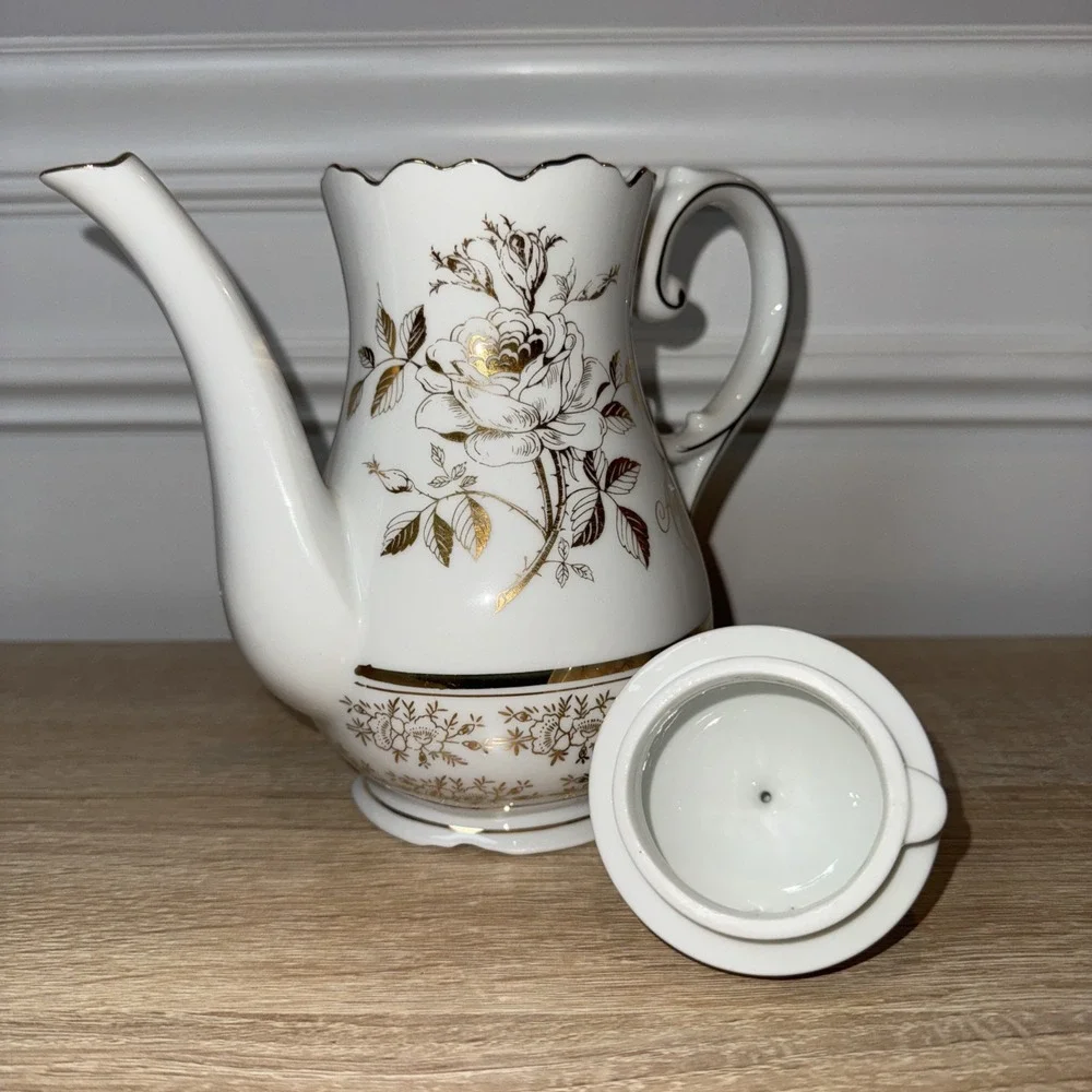 VTG 25Th Anniversary Tea Coffee Pot‎ AB-190 Norcrest Chatillon White Gold Japan